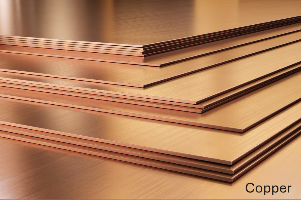 Stack of shiny copper sheets